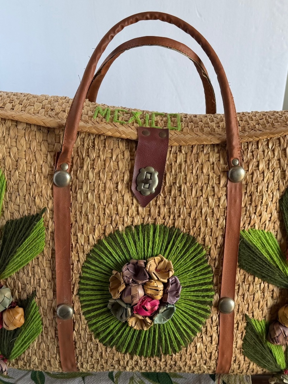 Vintage Handmade Mexican Acapulco Straw Tote with Woven Raffia Flowers & Leaves